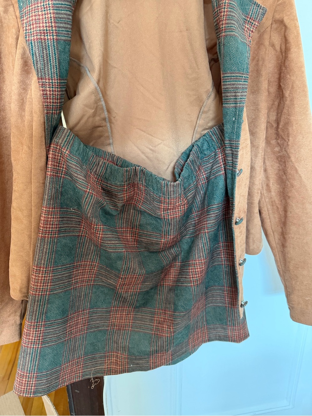 Women's Tan Suede Jacket and Skirt Kit with Plaid - Picture 3 of 4